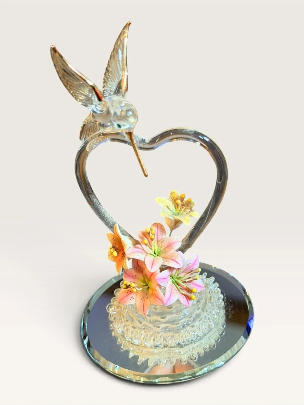 Vintage Glass Baron Hummingbird Heart Pink Lilies Mirrored Base Figurine